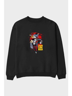 Ankhises Denjı And Power Anime Ön Baskılı Siyah Oversize Sweatshirt Erkek Kadın Bisiklet Yaka
