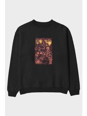 Ankhises One Pıece Anime Ön Baskılı Siyah Oversize Sweatshirt Erkek Kadın Bisiklet Yaka