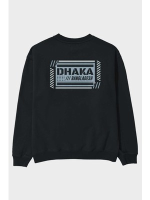 Ankhises Dhaka Arka Baskılı Siyah Oversize Sweatshirt Erkek Kadın Bisiklet Yaka