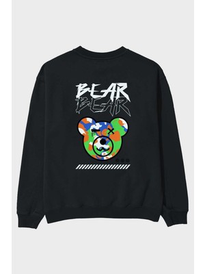 Ankhises Bear Bear Arka Baskılı Siyah Oversize Sweatshirt Erkek Kadın Bisiklet Yaka