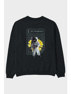 Ankhises Astronaut Streetwear Arka Baskılı Siyah Oversize Sweatshirt Erkek Kadın Bisiklet Yaka