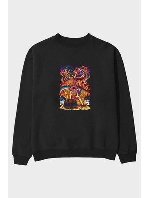 Ankhises Monkey D. Luffy 1 Anime Ön Baskılı Siyah Oversize Sweatshirt Erkek Kadın Bisiklet Yaka