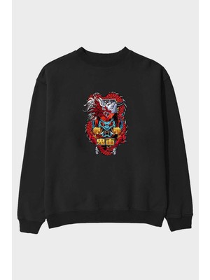 Ankhises Trıbal Anime Ön Baskılı Siyah Oversize Sweatshirt Erkek Kadın Bisiklet Yaka