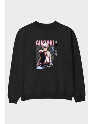 Ankhises Gintoki Sakata Anime Ön Baskılı Siyah Oversize Sweatshirt Erkek Kadın Bisiklet Yaka