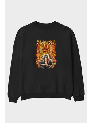 Ankhises Naruto Itachı Uchıha Anime Ön Baskılı Siyah Oversize Sweatshirt Erkek Kadın Bisiklet Yaka