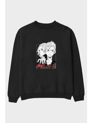 Ankhises Tokyo Revengers Anime Ön Baskılı Siyah Oversize Sweatshirt Erkek Kadın Bisiklet Yaka