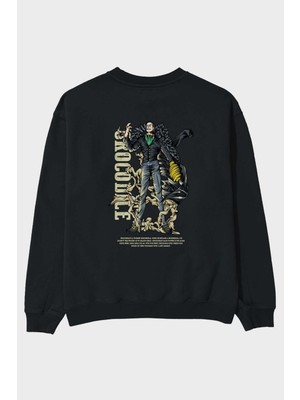 Ankhises Crocodile Anime Arka Baskılı Siyah Oversize Sweatshirt Erkek Kadın Bisiklet Yaka