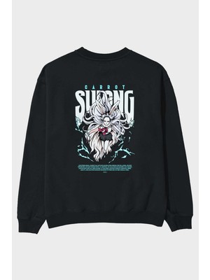 Ankhises Carrot Sulong Anime Arka Baskılı Siyah Oversize Sweatshirt Erkek Kadın Bisiklet Yaka