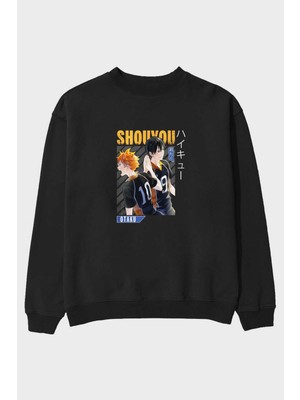 Ankhises Shouyou Hinata 12 Anime Ön Baskılı Siyah Oversize Sweatshirt Erkek Kadın Bisiklet Yaka