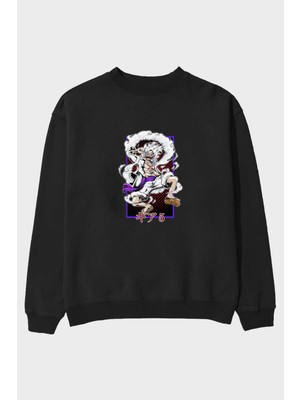 Ankhises Monkey D. Luffy Gear5 Anime Ön Baskılı Siyah Oversize Sweatshirt Erkek Kadın Bisiklet Yaka