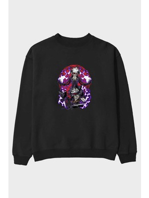 Ankhises Black Clover Devıl Unıon Anime Ön Baskılı Siyah Oversize Sweatshirt Erkek Kadın Bisiklet Yaka