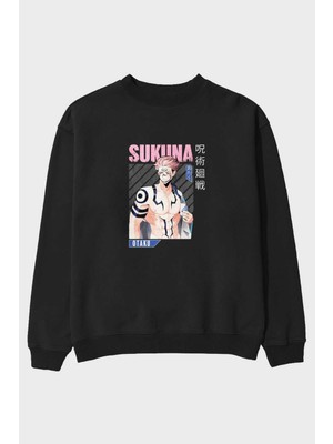 Ankhises Sukuna Ryoumen 1 Anime Ön Baskılı Siyah Oversize Sweatshirt Erkek Kadın Bisiklet Yaka