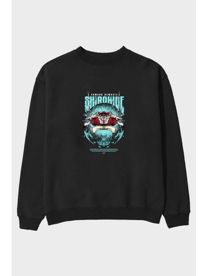 Ankhises Shirohige Anime Ön Baskılı Siyah Oversize Sweatshirt Erkek Kadın Bisiklet Yaka