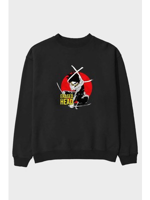 Ankhises Erased Head Anime Ön Baskılı Siyah Oversize Sweatshirt Erkek Kadın Bisiklet Yaka