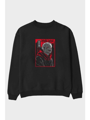 Ankhises Sukuna Anime Ön Baskılı Siyah Oversize Sweatshirt Erkek Kadın Bisiklet Yaka