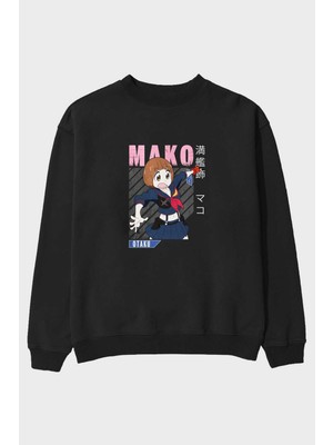 Ankhises Mako Mankanshoku 2 Anime Ön Baskılı Siyah Oversize Sweatshirt Erkek Kadın Bisiklet Yaka