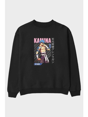 Ankhises Kamina 5 Anime Ön Baskılı Siyah Oversize Sweatshirt Erkek Kadın Bisiklet Yaka