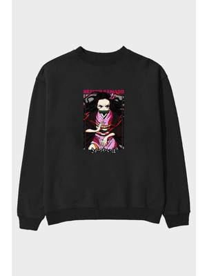 Ankhises Nezuko Kamado 1 Anime Ön Baskılı Siyah Oversize Sweatshirt Erkek Kadın Bisiklet Yaka