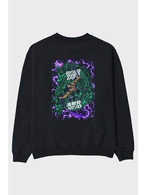 Ankhises Roronoa Zoro 5 Anime Arka Baskılı Siyah Oversize Sweatshirt Erkek Kadın Bisiklet Yaka