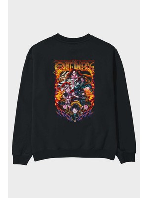 Ankhises One Pıece (3) Anime Arka Baskılı Siyah Oversize Sweatshirt Erkek Kadın Bisiklet Yaka