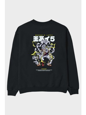 Ankhises Monkey D. Luffy Gear5 1 Anime Arka Baskılı Siyah Oversize Sweatshirt Erkek Kadın Bisiklet Yaka