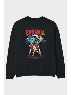 Ankhises Cyborg Franky Anime Arka Baskılı Siyah Oversize Sweatshirt Erkek Kadın Bisiklet Yaka