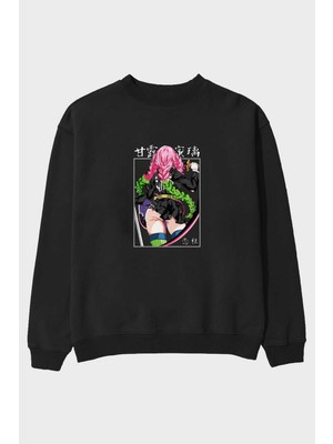 Ankhises Mitsuri Demonslayer Anime Ön Baskılı Siyah Oversize Sweatshirt Erkek Kadın Bisiklet Yaka