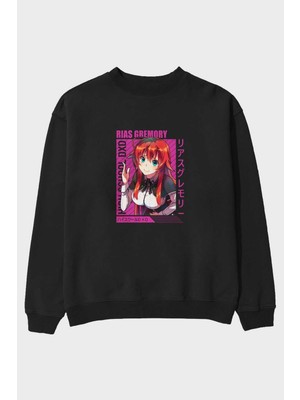 Ankhises Rias Gremory 10 Anime Ön Baskılı Siyah Oversize Sweatshirt Erkek Kadın Bisiklet Yaka