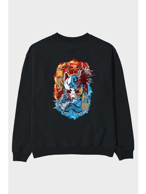 Ankhises One Pıece (7) Anime Arka Baskılı Siyah Oversize Sweatshirt Erkek Kadın Bisiklet Yaka