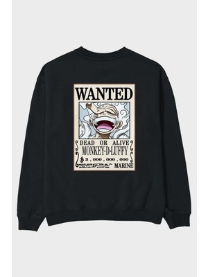 Ankhises Cartel Luffy Gear 5 Anime Arka Baskılı Siyah Oversize Sweatshirt Erkek Kadın Bisiklet Yaka