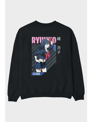 Ankhises Ryuuko Matoi 6 Anime Arka Baskılı Siyah Oversize Sweatshirt Erkek Kadın Bisiklet Yaka