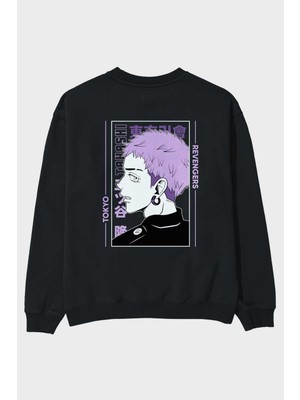 Ankhises Takashi Mitsuya Anime Arka Baskılı Siyah Oversize Sweatshirt Erkek Kadın Bisiklet Yaka
