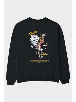 Ankhises Zeus Nami Anime Arka Baskılı Siyah Oversize Sweatshirt Erkek Kadın Bisiklet Yaka