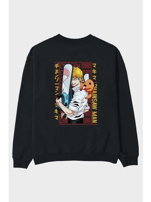 Ankhises Chainsaw Denjı Anime Arka Baskılı Siyah Oversize Sweatshirt Erkek Kadın Bisiklet Yaka