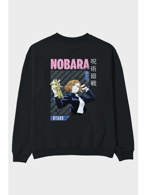 Ankhises Nobara Kugisaki 6 Anime Arka Baskılı Siyah Oversize Sweatshirt Erkek Kadın Bisiklet Yaka