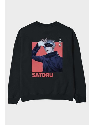 Ankhises Satoru Gojo 2 Anime Arka Baskılı Siyah Oversize Sweatshirt Erkek Kadın Bisiklet Yaka