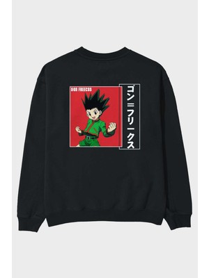Ankhises Gon Freecss Hunter x Hunter 5 Anime Arka Baskılı Siyah Oversize Sweatshirt Erkek Kadın Bisiklet Yaka