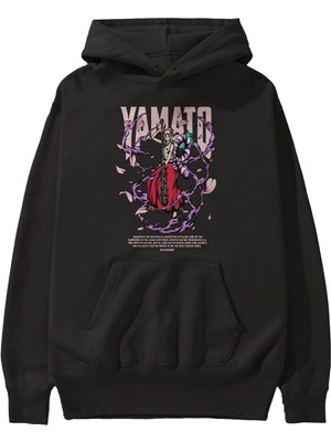 Ankhises Yamato Anime Ön Baskılı Siyah Hoodie Oversize Kapüşonlu Sweatshirt Erkek Kadın