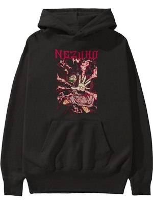Ankhises Nezuko Kamado Anime Ön Baskılı Siyah Hoodie Oversize Kapüşonlu Sweatshirt Erkek Kadın