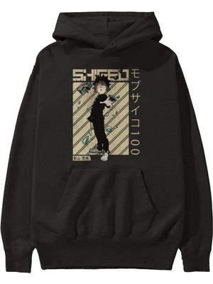 Ankhises Shigeo Kageyama 3 Anime Ön Baskılı Siyah Hoodie Oversize Kapüşonlu Sweatshirt Erkek Kadın