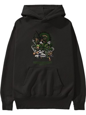 Ankhises Zoro-One Pıece Anime Ön Baskılı Siyah Hoodie Oversize Kapüşonlu Sweatshirt Erkek Kadın