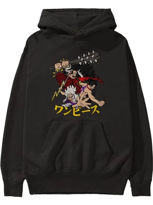 Ankhises Luffyacekaido Anime Ön Baskılı Siyah Hoodie Oversize Kapüşonlu Sweatshirt Erkek Kadın