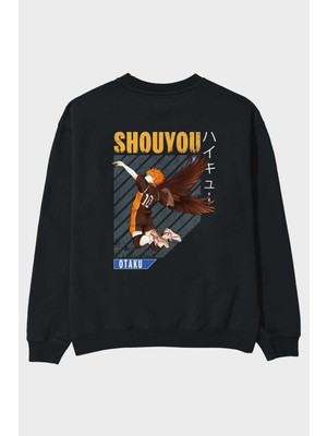 Ankhises Shouyou Hinata 10 Anime Arka Baskılı Siyah Oversize Sweatshirt Erkek Kadın Bisiklet Yaka