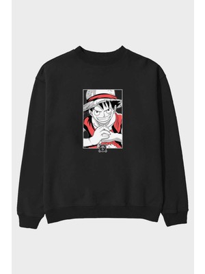 Ankhises Luff D. Monkey Onepiece Anime Ön Baskılı Siyah Oversize Sweatshirt Erkek Kadın Bisiklet Yaka