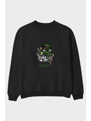 Ankhises Zoro-One Pıece Anime Ön Baskılı Siyah Oversize Sweatshirt Erkek Kadın Bisiklet Yaka