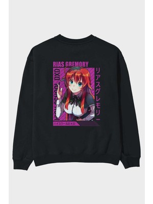 Ankhises Rias Gremory 10 Anime Arka Baskılı Siyah Oversize Sweatshirt Erkek Kadın Bisiklet Yaka