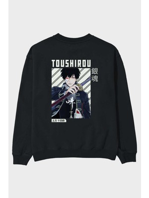 Ankhises Toushirou Hijikata Anime Arka Baskılı Siyah Oversize Sweatshirt Erkek Kadın Bisiklet Yaka