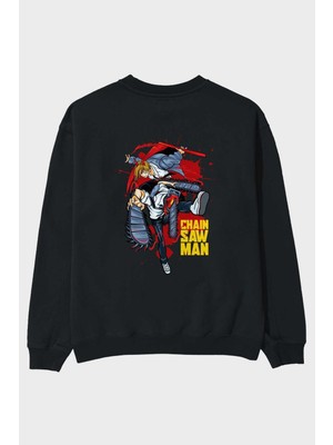 Ankhises Denjı And Power Anime Arka Baskılı Siyah Oversize Sweatshirt Erkek Kadın Bisiklet Yaka