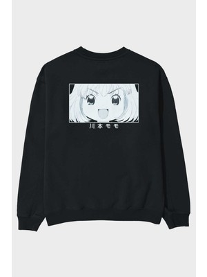 Ankhises Momo Kawamoto 1 Anime Arka Baskılı Siyah Oversize Sweatshirt Erkek Kadın Bisiklet Yaka