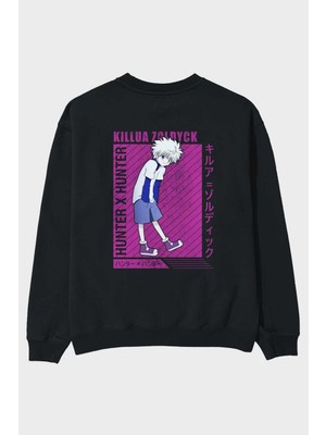 Ankhises Killua Zoldyck 3 1 Anime Arka Baskılı Siyah Oversize Sweatshirt Erkek Kadın Bisiklet Yaka